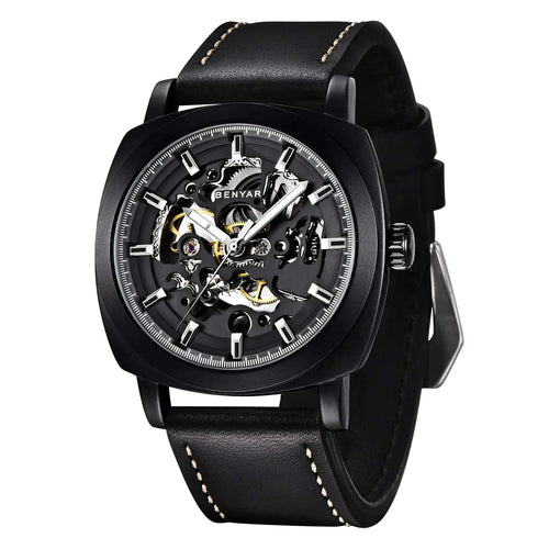 Benyar Automatic Watches for Men | Skeleton Mechanical Leather Strap Mens Watch | 45mm Dial | 30M Waterproof | Mens Stylish Gift