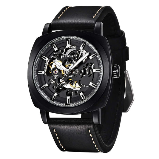 Benyar Automatic Watches for Men | Skeleton Mechanical Leather Strap Mens Watch | 45mm Dial | 30M Waterproof | Mens Stylish Gift