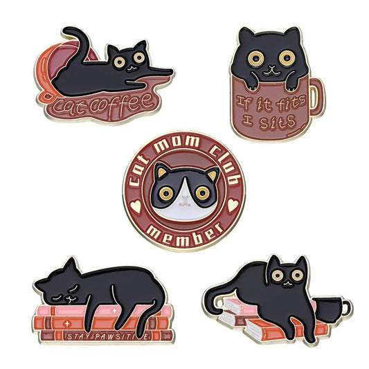 Cute Black Cat Enamel Brooch Pin Set Hidden Cat Cartoon Animal Lapel Pins Backpack Hat Decoration-F(5 pcs)