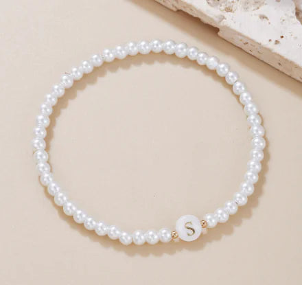 Dainty Faux Pearl Bead Initial Bracelet for Women
