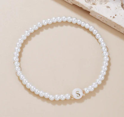 Dainty Faux Pearl Bead Initial Bracelet for Women