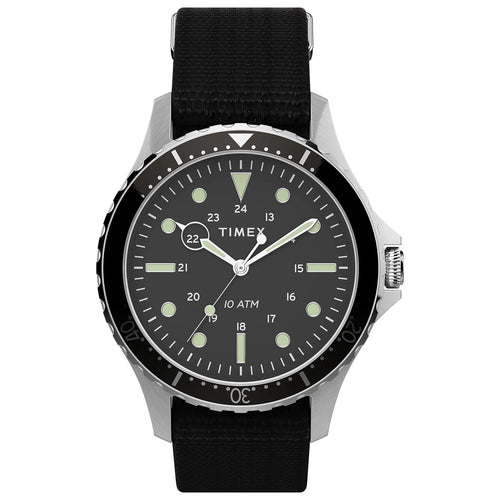 Timex Mens Navi XL 41mm Watch – Stainless Steel Case Black Dial with Black Fabric Slip-Thru Strap