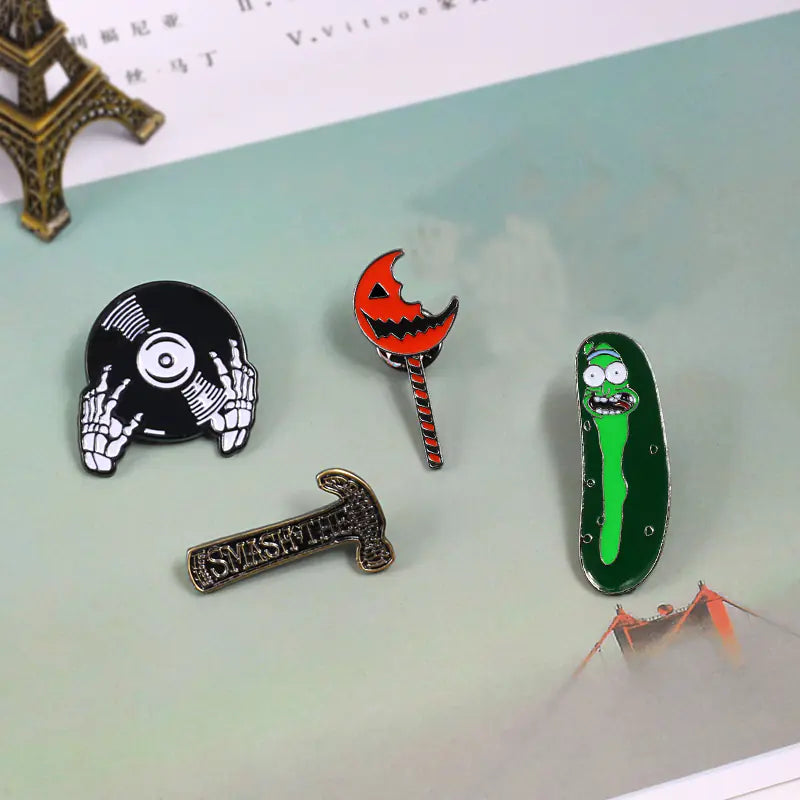 Punk Skull Hammer Brooch with Halloween Theme Elements