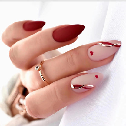 BABALAL Valentines Heart Press on Nails Medium Fake Nails Red Glue on Nails Golden Design Acrylic Nails 24Pcs Love Stiletto False Nails Manicure Artificial Nails