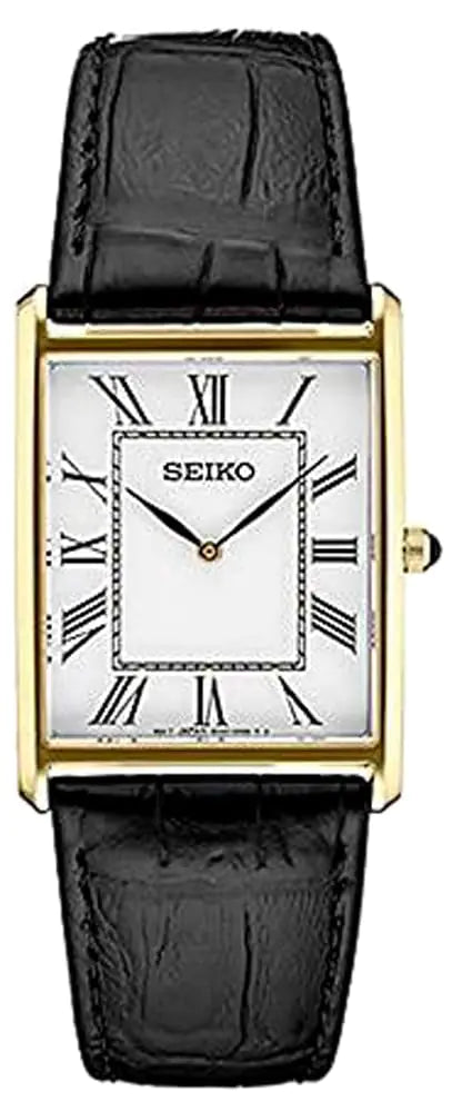 SEIKO SWR052 Watch for Men-Water Resistant with Gold-Tone Stainless Steel Rectangular Case White Dial with Roman Numerals and Black Leather Strap