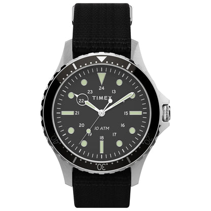 Timex Mens Navi XL 41mm Watch – Stainless Steel Case Black Dial with Black Fabric Slip-Thru Strap