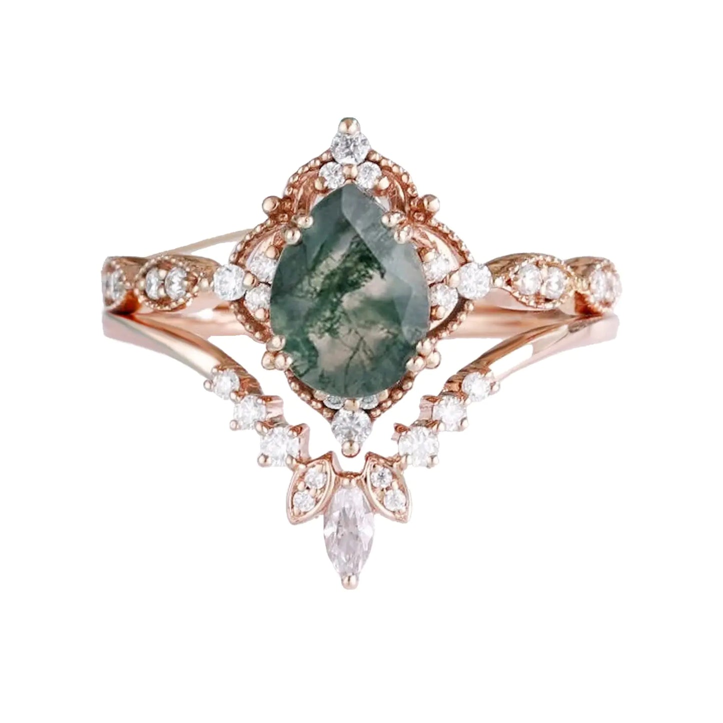 DONGHU 1ct Pear Cut Natural Moss Agate Engagement Ring Set Sterling Silver/10K/14K/18K Solid Gold Green Agate Ring Set Aquatic Agate Vintage Unique Bridal Wedding Ring Set