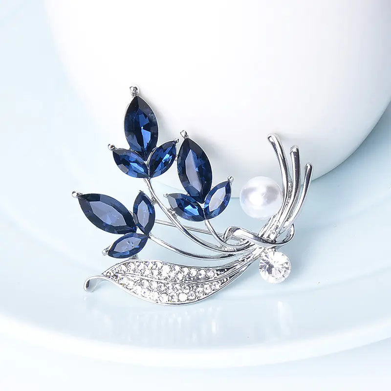 Elegant Blue Crystal Wheat Brooch with Pearl Corsage