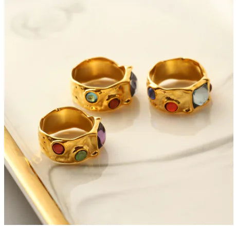 Vintage Colorful Glass Chunky Ring for Women Jewelry