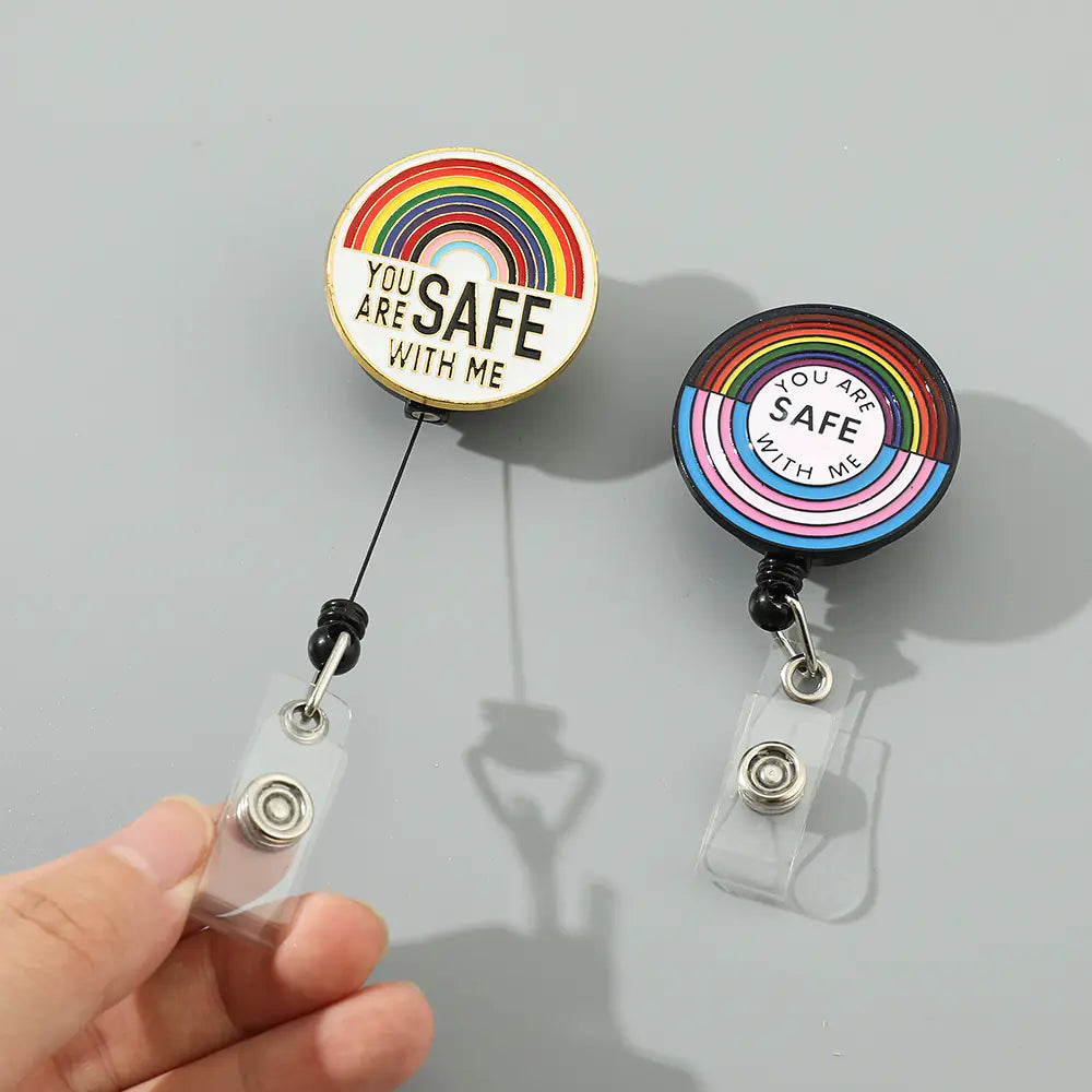 Retractable ABS Bag Charm with Rainbow Metal Brooch