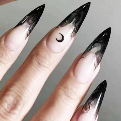 KKUUOO Halloween Press on Nails Gothic Fake Nails Medium Almond False Nails with Black French Tip Design Full Cover Stick on Nails Witch Nails Acrylic Nails Glossy Glue on Nails for Women Girls 24Pcs