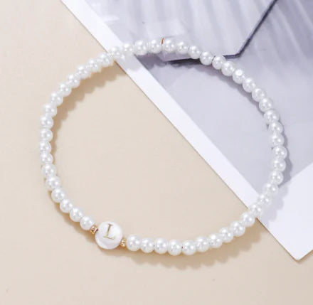 Dainty Faux Pearl Bead Initial Bracelet for Women