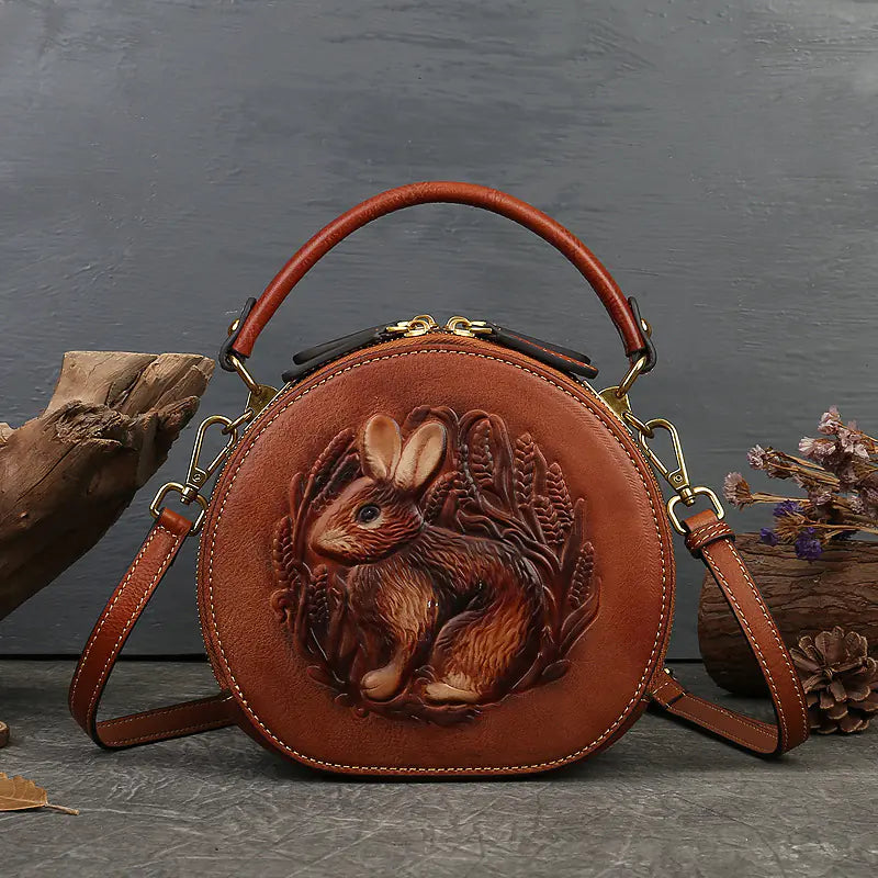 Ethnic Style Small Round Cowhide Crossbody Bag