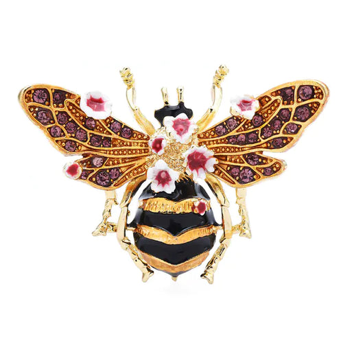 Vintage Hand-Painted Enamel Bee Flower Brooch
