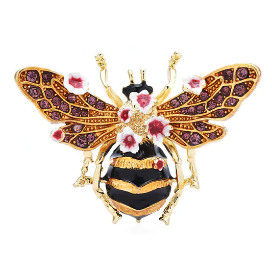 Vintage Hand-Painted Enamel Bee Flower Brooch