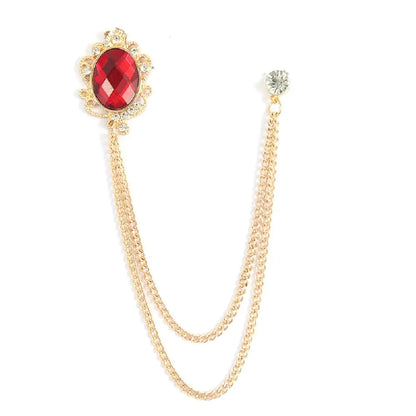 Mens Gem Tassel Brooch Lapel Pin Elegant Badge Hanging Chains Collar Brooches Pin for Career Suit Tuxedo of Shirts Tie Hat Scarf for Boyfriend Father Birthday (Gold with Red Crystal)