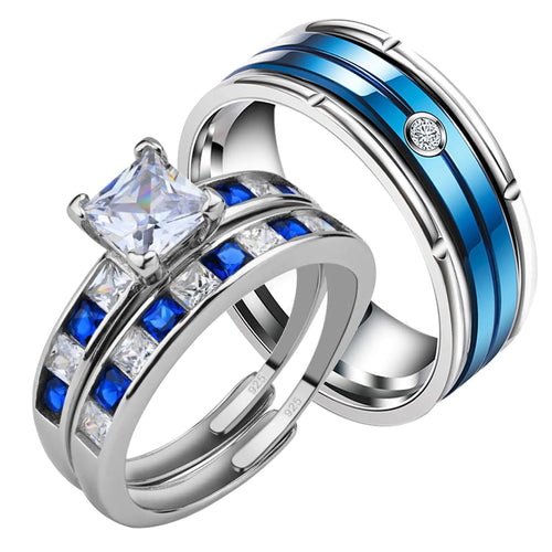 Wedding Ring Sets His And Hers Promise Ring Adjustable size Wedding Ring Sets His And Hers Couples Women 925 Sterling Silver Round Cz Man Tungsten Carbide Wedding Band