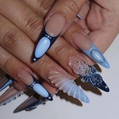 BABALAL Stiletto Press on Nails Long Fake Nails Blue Glue on Nails 3d Texture Flower Design Handmade Acrylic Nails French Tip Ballerina False Nails 24Pcs Manicure Full Cover Artificial Nails