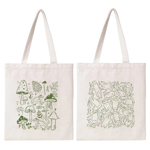 Lamkidle Aesthetic Mushroom Tote Bag Cute Frog Funny Tote Bag Cotton Canvas Tote Bag for Women Gift Reusable Grocery Bag Shopping Beach Shoulder Bag