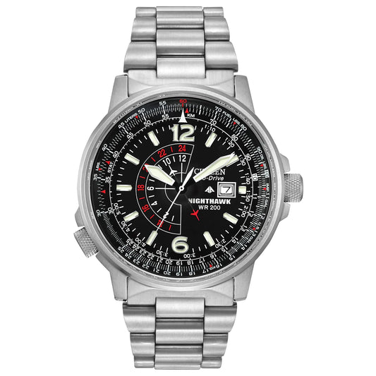 Citizen Mens Eco-Drive Promaster Air Nighthawk Pilot Stainless Steel Watch Luminous Black Dial 42mm (Model: BJ7000-52E)