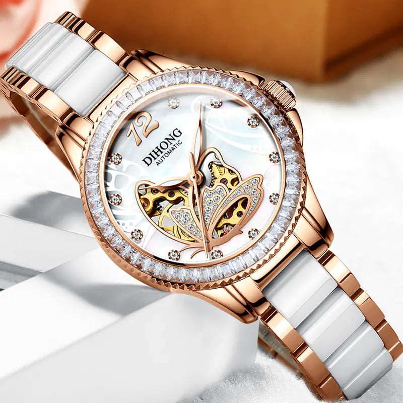 Women's White Ceramic Automatic Watch with Luminous Features