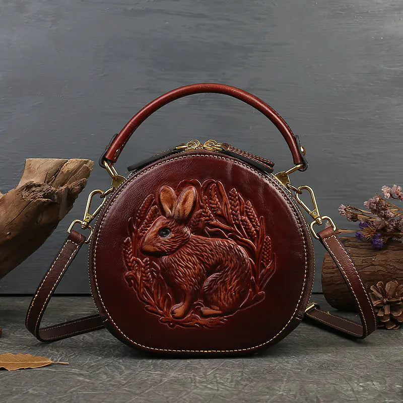 Ethnic Style Small Round Cowhide Crossbody Bag