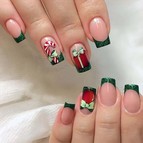 QQPPOLIU Short Press on NailsChristmas Press on Nails Square Fake Nails French Tip Long False Nails with Designs Nails Press on Acrylic Nails Green Press on Nails