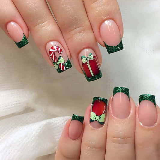 QQPPOLIU Short Press on NailsChristmas Press on Nails Square Fake Nails French Tip Long False Nails with Designs Nails Press on Acrylic Nails Green Press on Nails