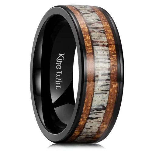 King Will 8mm Black Titanium Ring Sapele Wood Antlers Inlay Wedding Ring High Polished for Women Men Comfort Fit 13