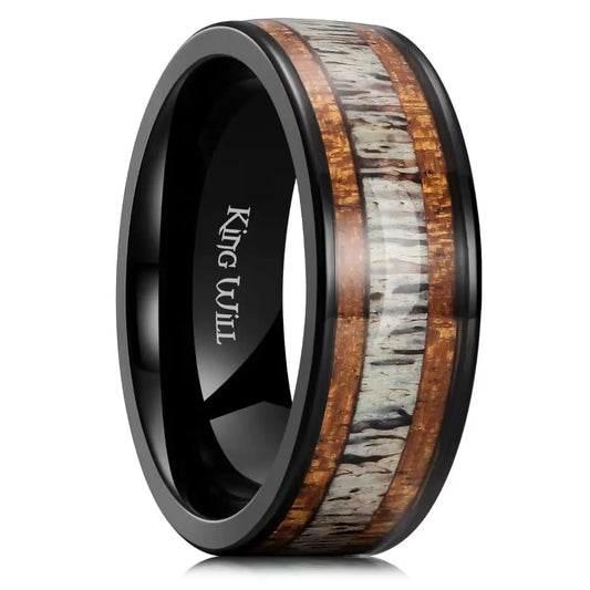 King Will 8mm Black Titanium Ring Sapele Wood Antlers Inlay Wedding Ring High Polished for Women Men Comfort Fit 13