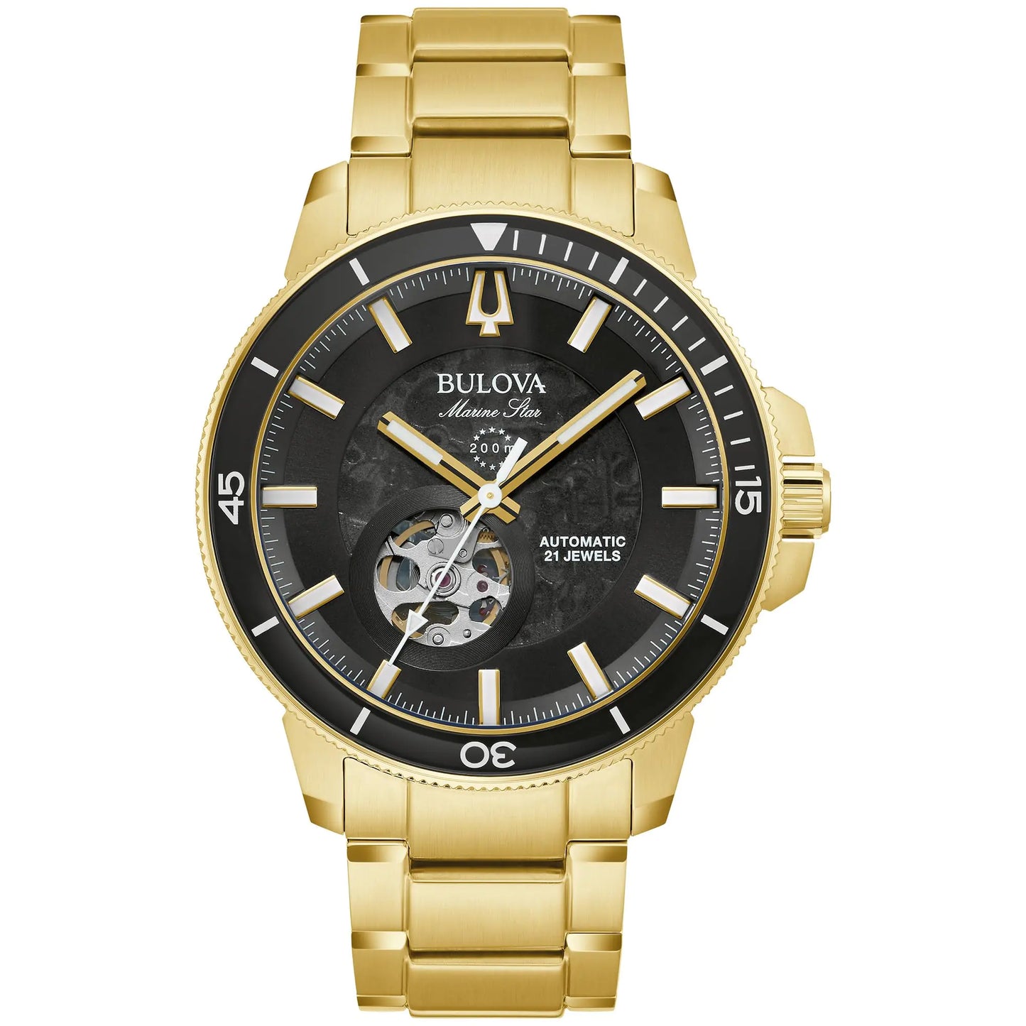 Bulova Mens Marine Star Series C Automatic Gold Stainless Steel 3-Hand Watch Black Dial; Exhibition Case Rotating Bezel Style: 97A174