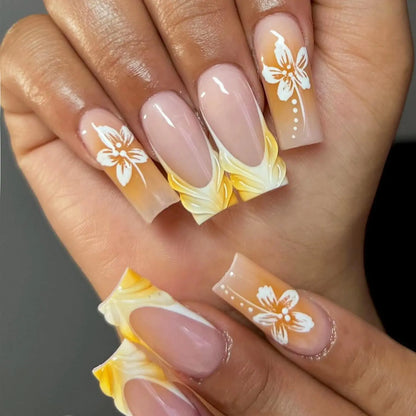 Floral Press on Nails Long Square Fake Nails Yellow Brown Stick on Nails with Acrylic Nails designs Water Wave French Tip False Nails Gel Glue on Nails Artificial Nails for Women Girls Fall Nails24pcs