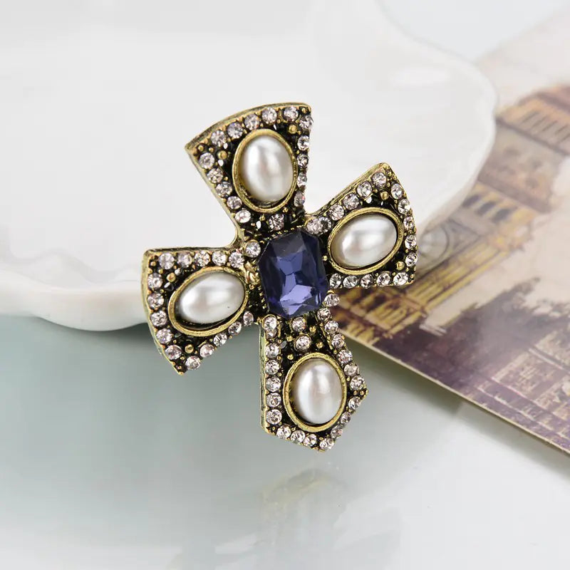 Vintage Pearl Brooch with Diamond Accent Cross Pin