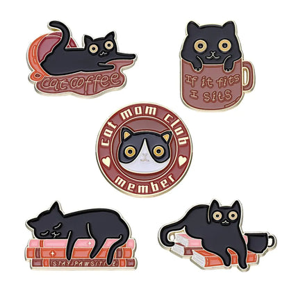 Cute Black Cat Enamel Brooch Pin Set Hidden Cat Cartoon Animal Lapel Pins Backpack Hat Decoration-F(5 pcs)