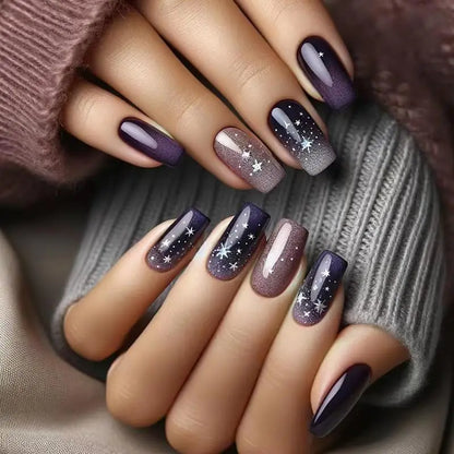 Purple Press on Nails Long Square Fake Nails Dark Purple False Nails with Stars Designs Black Purple Glue on Nails Gradient Stick on Nails Cute Acrylic Nails Full Cover Glossy Artificial Nails