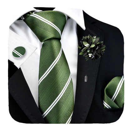 GUSLESON Olive Green Tie for Wedding Mens Silk White Striped Necktie Pocket Square Cufflinks and Lapel Pin Brooch Set (6108-40)