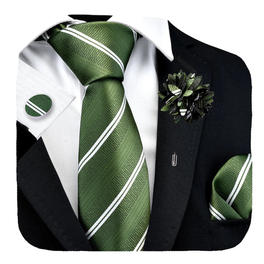 GUSLESON Olive Green Tie for Wedding Mens Silk White Striped Necktie Pocket Square Cufflinks and Lapel Pin Brooch Set (6108-40)