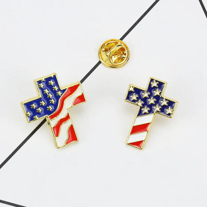 Zinc Alloy Cross American Flag Brooch for Men and Women